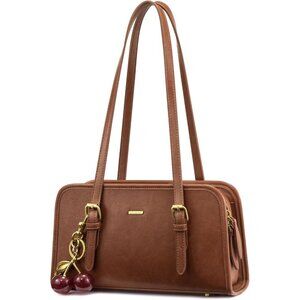 Women's Brown Trendy Swing Zip Hobo Bag - Small Vintage Clutch w/Cherry